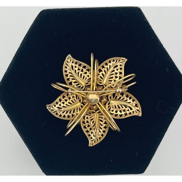 Vintage Gold Tone Brooch Pendant Star Flower Green and Clear Rhinestones 2" - Picture 6 of 11